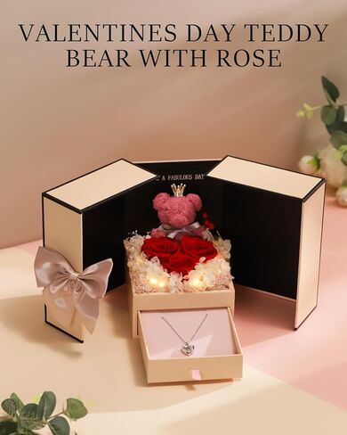 هدية عيد الحب من جينسوم لها، دمية دب وردية ووردية محفوظة، قلادة "أحبك" بـ 100 لغة، بطاقة أطيب التمنيات مع صندوق مضاء، مثالية للصديقة والزوجة في عيد الميلاد والذكرى السنوية in Kuwait