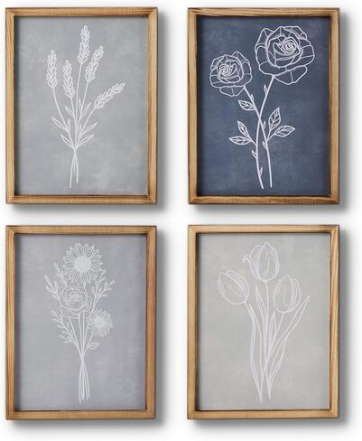 Mokof Framed Canvas Print Wall Art Set of 4, Boho Botanical Flower Prints Art for Home Office Decor, Modern Farmhouse Wall Decor for Living Room, Bedroom, Kitchen, Bathroom in Kuwait