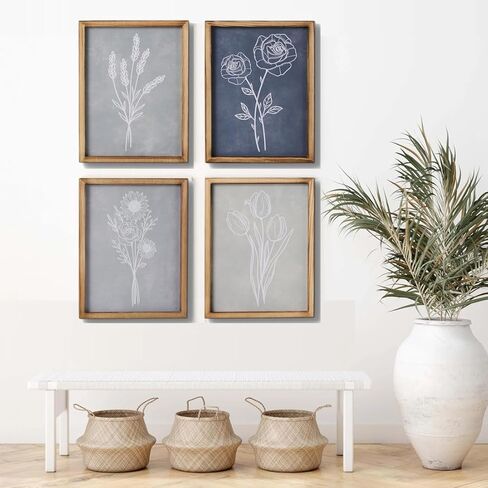 Mokof Framed Canvas Print Wall Art Set of 4, Boho Botanical Flower Prints Art for Home Office Decor, Modern Farmhouse Wall Decor for Living Room, Bedroom, Kitchen, Bathroom in Kuwait