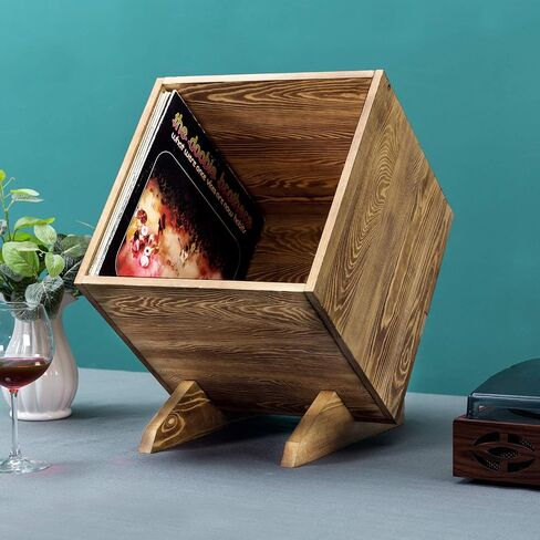 MyGift Rustic Burnt Solid Wood Record Album Holder Stand Storage Crate, Vinyl LP Album Collection Organizer Display Box in Saudi Arabia