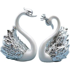 SEWACC Couple Swan Ornaments 2pcs Crown Swan Wedding Cake Toppers Mini Swan Figurines for Home Wedding Decorations (Silver)