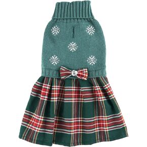 Purple Knitted Dog Sweater Dress, Pink Plaid Girl Dog Clothes Winter Desses for Small Dogs, Terrier Doggy Pet Apparel, Medium (M)