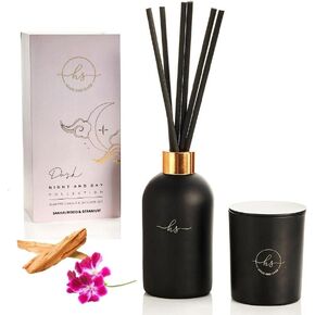 Reed Diffuser & Luxury Scented Candle Gift Set - 6.8 fl oz Sandalwood Geranium Reed Diffuser with 6.5oz Candle with Lid - 6 Fiber Diffuser Sticks Black in Saudi Arabia