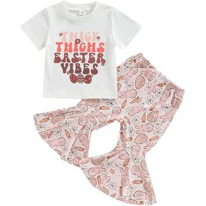 Flawbena طفل أطفال طفلة عيد الفصح الزي قصيرة الأكمام رسالة طباعة تي شيرت الأرنب جرس أسفل السراويل مجموعات ملابس الصيف in Kuwait