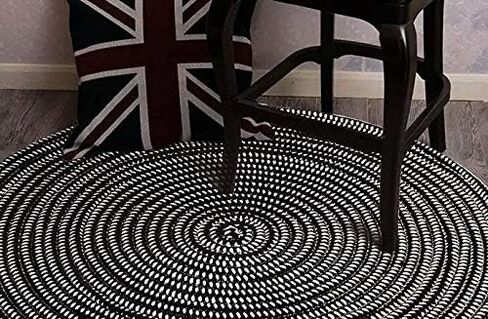 Hand Woven Round Area Rugs Living Room Bedroom Study Computer Chair Cushion Base Mat Round Carpet Lifts Basket Swivel Chair Pad Coffee Table Rug(2' Round, Black/White) in Kuwait