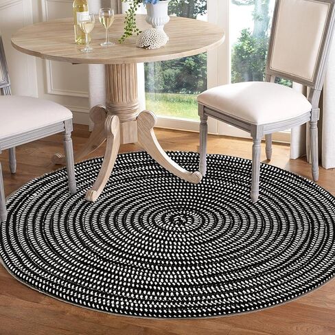 Hand Woven Round Area Rugs Living Room Bedroom Study Computer Chair Cushion Base Mat Round Carpet Lifts Basket Swivel Chair Pad Coffee Table Rug(2' Round, Black/White) in Kuwait