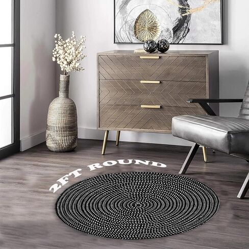 Hand Woven Round Area Rugs Living Room Bedroom Study Computer Chair Cushion Base Mat Round Carpet Lifts Basket Swivel Chair Pad Coffee Table Rug(2' Round, Black/White) in Kuwait