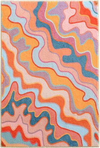 سجادة منطقة تجريدية كلاسيكية من YoKii مقاس 3 × 5 من الصوف الصناعي الهبي جمالية ملونة مخططة هندسية غير قابلة للانزلاق سجادة لمدخل المطبخ مدعومة بالمطاط، برتقالي وأحمر الخدود in Kuwait