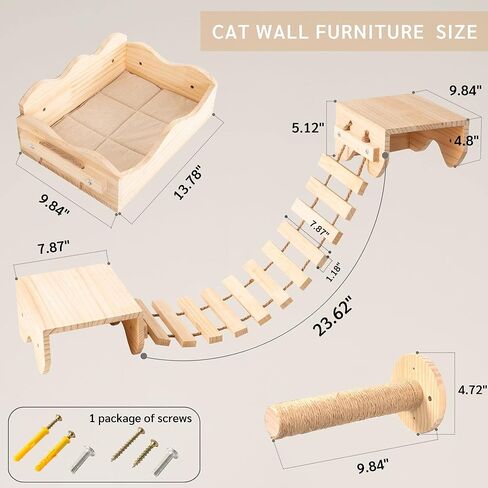 JanYoo Cat Hammock for Wall Furniture,Cat Climbing Shelves Cat Wall Mounted Cat Bed Frame with Scratching Post 2 Bridge 2 Platform Shelf in Kuwait