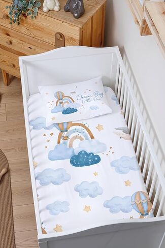 Markkombin-Blue Clouds Baby ملاءة وغطاء وسادة من القطن الناعم العضوي، ملاءات سرير قطنية، ملاءات أطفال ناعمة لسرير الأطفال، ملاءة سرير مناسبة للجنسين، ملاءة سرير جاهزة 52 بوصة طول × 28 عرض، كيس وسادة 45.72 سم طول × 14 عرض in Kuwait