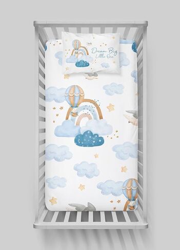 Markkombin-Blue Clouds Baby ملاءة وغطاء وسادة من القطن الناعم العضوي، ملاءات سرير قطنية، ملاءات أطفال ناعمة لسرير الأطفال، ملاءة سرير مناسبة للجنسين، ملاءة سرير جاهزة 52 بوصة طول × 28 عرض، كيس وسادة 45.72 سم طول × 14 عرض in Kuwait