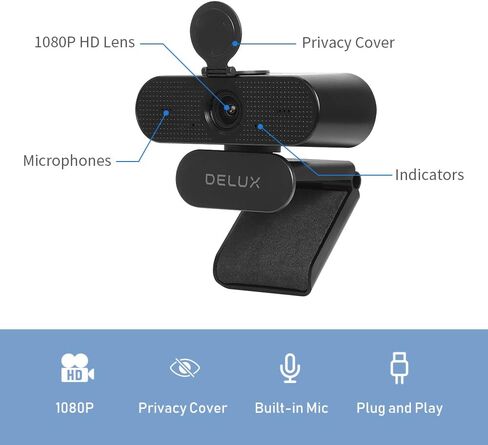 كاميرا ويب DeLUX Full HD 1080P DC03 مع ميكروفون مزدوج وغطاء للخصوصية، مجال رؤية 90 درجة، توصيل وتشغيل، كمبيوتر مكتبي أو كاميرا كمبيوتر محمول، رائعة للمكالمات ومؤتمرات الفيديو والبث المباشر in Kuwait