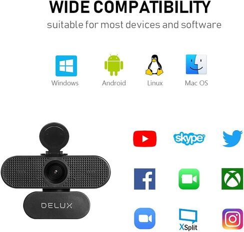 كاميرا ويب DeLUX Full HD 1080P DC03 مع ميكروفون مزدوج وغطاء للخصوصية، مجال رؤية 90 درجة، توصيل وتشغيل، كمبيوتر مكتبي أو كاميرا كمبيوتر محمول، رائعة للمكالمات ومؤتمرات الفيديو والبث المباشر in Kuwait