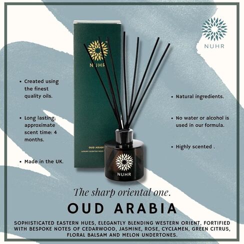 زيت ناشر أعواد العود المنزلي من NUHR، 115 مل، ناشر أعواد عطرية فاخرة من العود والعنبر مع عطر متعدد الروائح، رائحة منعشة تدوم طويلاً للمنزل، مخففة بلمسات مخملية in Kuwait