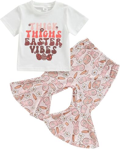 Flawbena طفل أطفال طفلة عيد الفصح الزي قصيرة الأكمام رسالة طباعة تي شيرت الأرنب جرس أسفل السراويل مجموعات ملابس الصيف in Kuwait