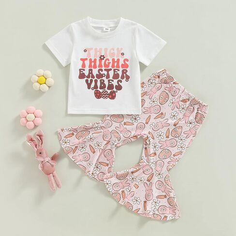 Flawbena طفل أطفال طفلة عيد الفصح الزي قصيرة الأكمام رسالة طباعة تي شيرت الأرنب جرس أسفل السراويل مجموعات ملابس الصيف in Kuwait