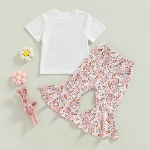 Flawbena طفل أطفال طفلة عيد الفصح الزي قصيرة الأكمام رسالة طباعة تي شيرت الأرنب جرس أسفل السراويل مجموعات ملابس الصيف in Kuwait