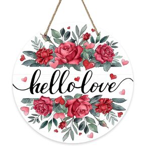Bolisom مرحبا الحب زهرة الورد علامة الباب الأمامي، عيد الحب الوردي القلب الأحمر الزهور ورقة الخشب الباب شماعات في الهواء الطلق ديكور الشرفة الخارجية، الذكرى السنوية الزفاف إكليل خشبي داخلي الجدار شنقا الديكور in Kuwait