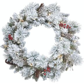 NOMA Pre-lit 24-Inch LED Berry Flocked Christmas Wreath with Battery Operated Lights | 35 Warm White Bulbs | 100 Pine Tips
