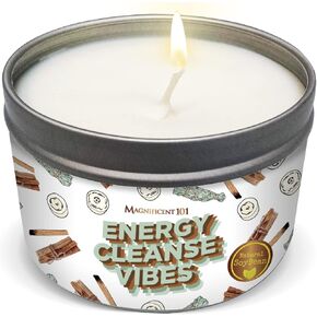 Magnificent 101 Energy Cleanse Vibes 6-oz. Candle in Tin Holder; 100% Natural Soy Wax with Sage & Palo Santo Essential Oils for Aromatherapy, Smudging, Meditation, Home Energy Cleansing; Great Gift