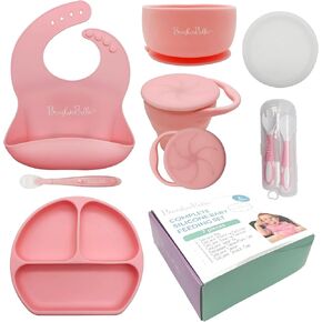 BrushinBella Baby Feeding Supplies - Complete Baby Feeding Set with Baby Plate, Baby Spoons First Stage, Silicone Bib and Snack Cup - Infant Eating Utensils and Baby Bowl with Suction in Saudi Arabia
