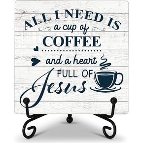 Coffee Bar Desk Decor, All I Need Is A Cup Of Coffee, Wooden Plaque Sign With Iron Stand, Christian Decorations For Home Office, Rustic Wood Coffee Signs for Kitchen, Cafe, Coffee Station-34