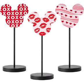 Andi Cppss 3PCS Valentines Mouse Wooden Tall Standing Block Set, Double Printed Heart Blocks for Table Centerpiece, Double Size Texture Mouse Head Sign Wooden Table Decoration in Kuwait