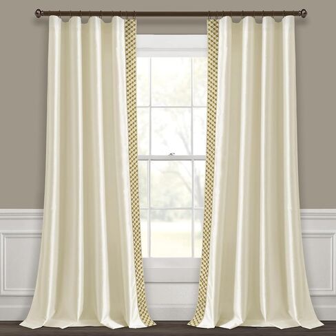 Lush Decor Luxury Mid Century Geo Faux Silk Jacquard Border Window Curtain Panel (Single), 84" L x 52" W, Ivory & Blue in Saudi Arabia