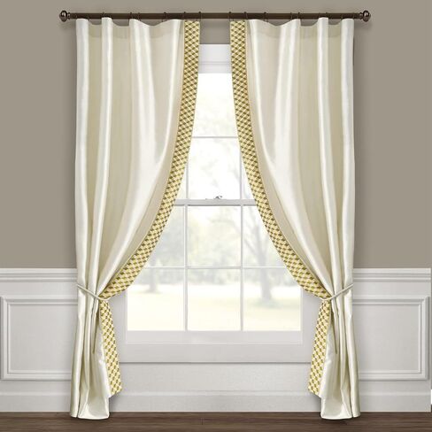 Lush Decor Luxury Mid Century Geo Faux Silk Jacquard Border Window Curtain Panel (Single), 84" L x 52" W, Ivory & Blue in Saudi Arabia