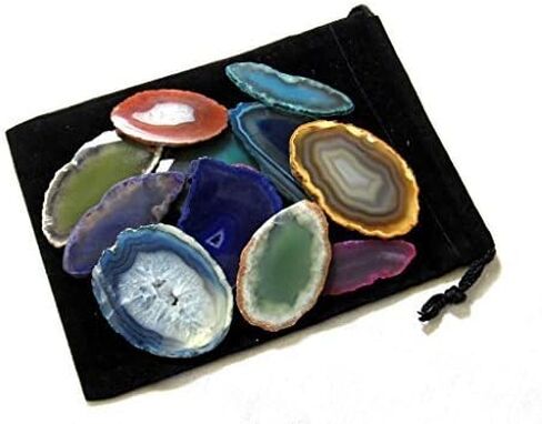 Zentron Crystals Colorful Set of 12 Polished Agate Slices in Velvet Bag (Mix w/Holes) in Saudi Arabia