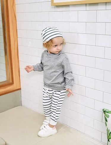 طقم ملابس للأطفال الصغار من Gavol بأكمام طويلة مع قلنسوة وسروال مخطط، مجموعة ملابس لخريف وشتاء in Kuwait