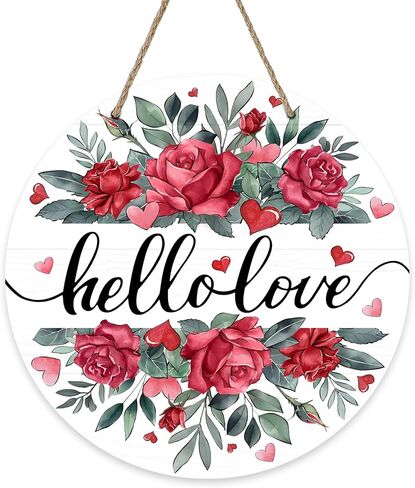 Bolisom مرحبا الحب زهرة الورد علامة الباب الأمامي، عيد الحب الوردي القلب الأحمر الزهور ورقة الخشب الباب شماعات في الهواء الطلق ديكور الشرفة الخارجية، الذكرى السنوية الزفاف إكليل خشبي داخلي الجدار شنقا الديكور in Kuwait
