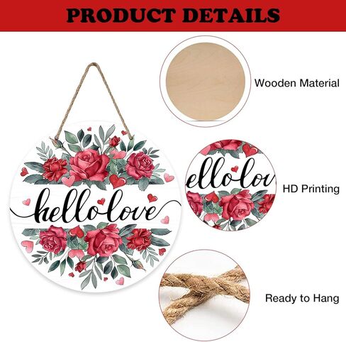 Bolisom مرحبا الحب زهرة الورد علامة الباب الأمامي، عيد الحب الوردي القلب الأحمر الزهور ورقة الخشب الباب شماعات في الهواء الطلق ديكور الشرفة الخارجية، الذكرى السنوية الزفاف إكليل خشبي داخلي الجدار شنقا الديكور in Kuwait