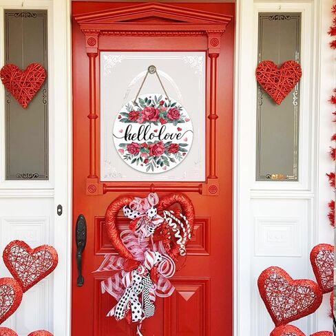 Bolisom مرحبا الحب زهرة الورد علامة الباب الأمامي، عيد الحب الوردي القلب الأحمر الزهور ورقة الخشب الباب شماعات في الهواء الطلق ديكور الشرفة الخارجية، الذكرى السنوية الزفاف إكليل خشبي داخلي الجدار شنقا الديكور in Kuwait