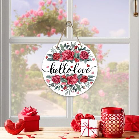Bolisom مرحبا الحب زهرة الورد علامة الباب الأمامي، عيد الحب الوردي القلب الأحمر الزهور ورقة الخشب الباب شماعات في الهواء الطلق ديكور الشرفة الخارجية، الذكرى السنوية الزفاف إكليل خشبي داخلي الجدار شنقا الديكور in Kuwait