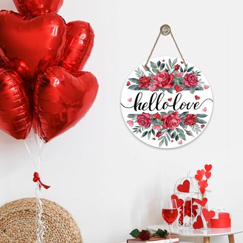 Bolisom مرحبا الحب زهرة الورد علامة الباب الأمامي، عيد الحب الوردي القلب الأحمر الزهور ورقة الخشب الباب شماعات في الهواء الطلق ديكور الشرفة الخارجية، الذكرى السنوية الزفاف إكليل خشبي داخلي الجدار شنقا الديكور in Kuwait