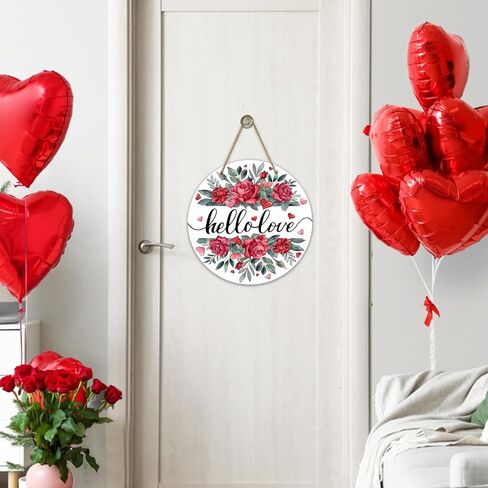 Bolisom مرحبا الحب زهرة الورد علامة الباب الأمامي، عيد الحب الوردي القلب الأحمر الزهور ورقة الخشب الباب شماعات في الهواء الطلق ديكور الشرفة الخارجية، الذكرى السنوية الزفاف إكليل خشبي داخلي الجدار شنقا الديكور in Kuwait
