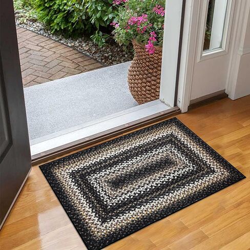 Small Doormat 2x3 Washable Area Rug Boho Rug Braided Print Area Rug Modern Geometric Area Rug Farmhouse Throw Carpet Accent Floor Cover for Living Room Bedroom Nursery, Black in Saudi Arabia