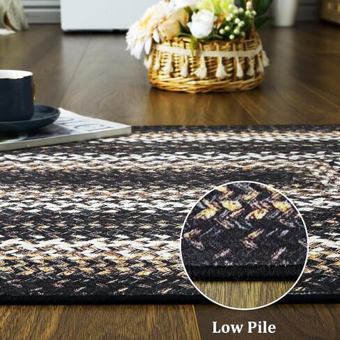 Small Doormat 2x3 Washable Area Rug Boho Rug Braided Print Area Rug Modern Geometric Area Rug Farmhouse Throw Carpet Accent Floor Cover for Living Room Bedroom Nursery, Black in Saudi Arabia