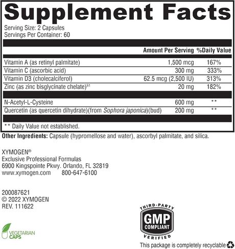 XYMOGEN Immune Essentials Daily - Long-Term Immune Support Supplement with Vitamin D3, Vitamin C Ascorbic Acid, Vitamin A, N Acetyl L Cysteine, Zinc Chelate, Quercetin (120 Capsules) in Saudi Arabia