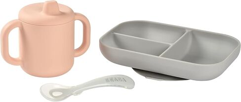BEABA Sips and Bites 3 pc Silicone Suction Feeding Plate Set, Toddler Plates, Baby Plates, Baby Feeding Set, Incl. Plate Silicone Spoon Silicone Sippy Cup (Rain) in Saudi Arabia