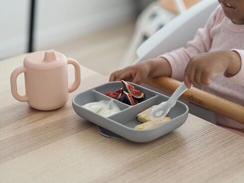 BEABA Sips and Bites 3 pc Silicone Suction Feeding Plate Set, Toddler Plates, Baby Plates, Baby Feeding Set, Incl. Plate Silicone Spoon Silicone Sippy Cup (Rain) in Saudi Arabia