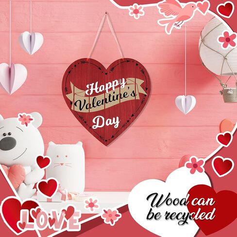 Valentine Wooden Signs Heart Shape Valentines Day Decor Happy Valentines Day Signs for The Home Red Black Wooden Heart Love Plaque Valentine Hanging Decorations with Rope for Wall, 11.8 x 11.8 Inch in Kuwait