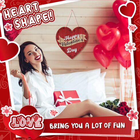Valentine Wooden Signs Heart Shape Valentines Day Decor Happy Valentines Day Signs for The Home Red Black Wooden Heart Love Plaque Valentine Hanging Decorations with Rope for Wall, 11.8 x 11.8 Inch in Kuwait