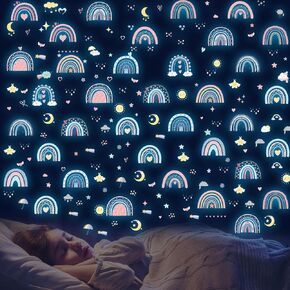 Glow in The Dark Boho Rainbow Wall Decals,Glowing Luminous Small Rainbow Wall Stickers Colorful Removable self-Adhesive Rainbow Sun Moon Star Heart Decals for Girls Bedroom Decoration
