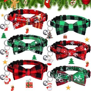 6 Pcs Christmas Cat Collar Breakaway Holiday Cat Bowtie Adjustable Cat Collar with Bow Tie and Bell Buffalo Plaid Snowflake Collar with Safety Buckle for Cats and Puppies in Kuwait