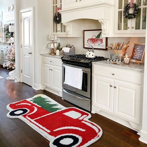 Aldopein عيد الميلاد الأحمر شاحنة البساط، لطيف خمر البلد الرجعية مزرعة عيد الميلاد عداء البساط للحمام المطبخ مدخل داخلي الشرفة الأمامية ممسحة، عدم الانزلاق قابل للغسل الشتاء رمي البساط in Kuwait
