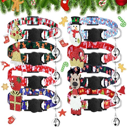 8 Pieces Christmas Cat Collar Adjustable Kitten Christmas Collar Cat Breakaway Collars with with Removable Santa Claus Christmas Tree Snowman Stocking Charm and Bell for Cat Christmas Party, 8 Styles in Saudi Arabia