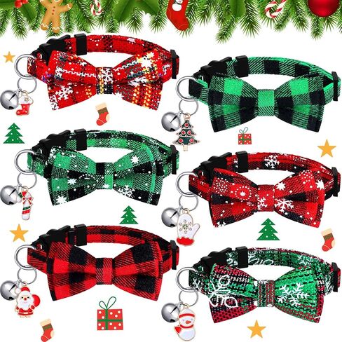 6 Pcs Christmas Cat Collar Breakaway Holiday Cat Bowtie Adjustable Cat Collar with Bow Tie and Bell Buffalo Plaid Snowflake Collar with Safety Buckle for Cats and Puppies in Kuwait