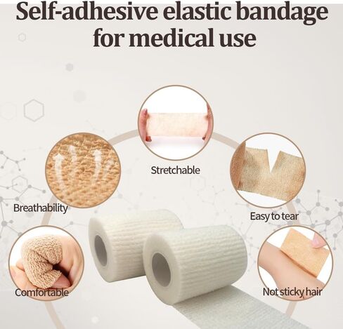 ضمادة ذاتية اللصق، شريط طبي، ضمادات مرنة مرنة قابلة للتنفس، إسعافات أولية غير منسوجة، تمارين التمدد، والالتواء والتورم في الكاحل، رياضات 2 بوصة × 5 ياردات، 12 حزمة (أبيض) in Kuwait